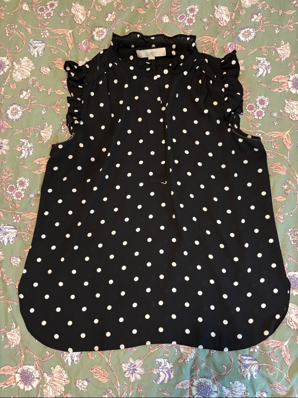 LOFT Black and White Polka Dot Ruffle Sleeve Blouse